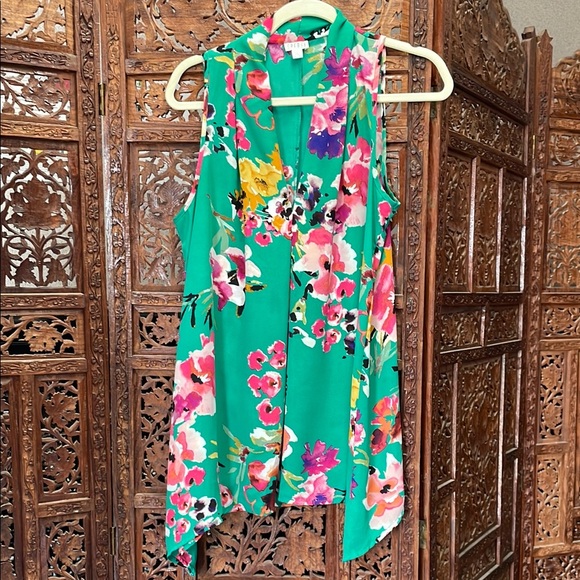 Spense Tops - Spence Floral Sleeveless Top - Green and Pink Large